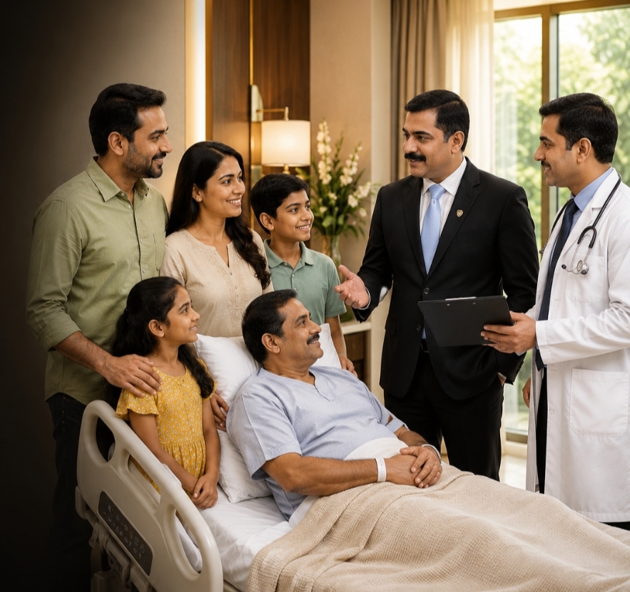 Indian family protected by a comprehensive health financial plan